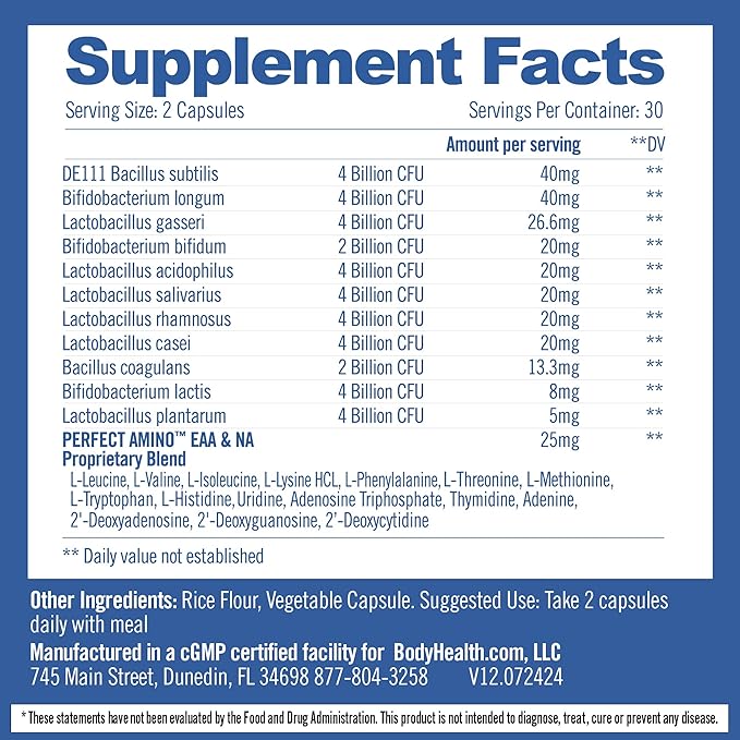 BodyHealth Probiotic Enhanced with PerfectAmino for Women and Men Spore Based with Bifidobacterium Lactobacillus Salivarius Lactobacillus Acidophilus - 60 Capsules