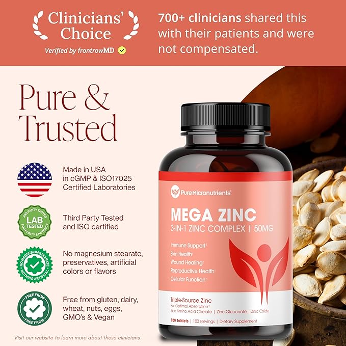 Mega Zinc Supplement 50mg 3-in-1 Zinc Complex 100 Tablets - Pure Micronutrients