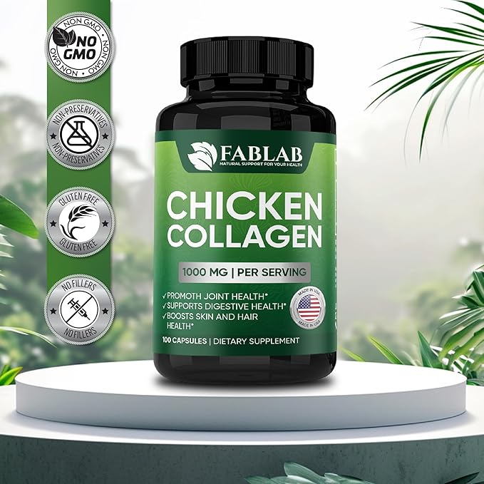 FabLab Chicken Sternum Cartilage Type II Collagen Capsules - Nutritional Supplement for Joints-1000mg per Serving - Non-GMO Anti-Aging Dietary Product with Hydrolyzed Peptides- 100 Capsules