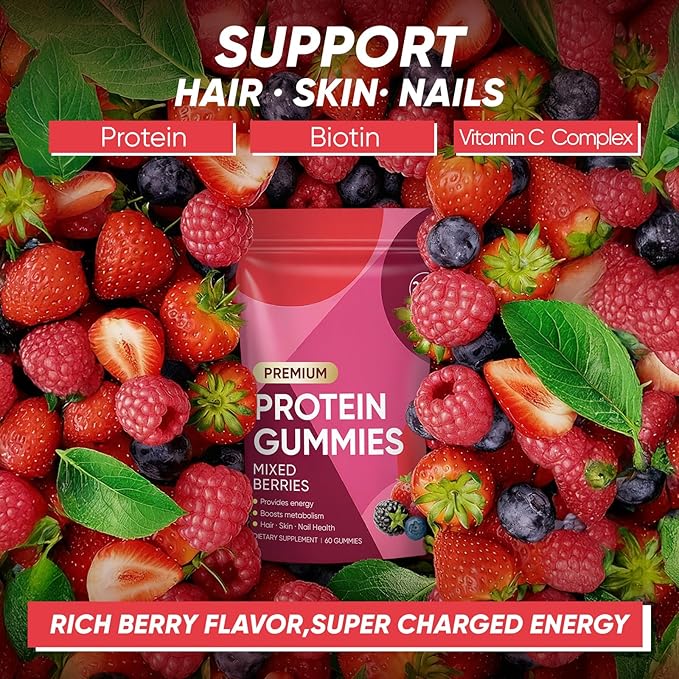 OAKA Protein Gummies 20g Protein per Serving Zero Sugar Mixed Berries Flavor Daily Protein Chews for Hair Skin &amp Nails 60 Gummies