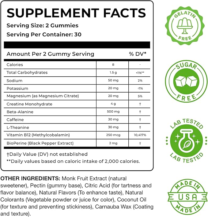 Nutrify Daily Creatine Gummies for Women and Men - 4g Creatine Monohydrate per Serving for Muscle Growth &amp Recovery - Sugar-Free Low-Calorie with Vitamin B12 for Energy Boost (Blue Raspberry)