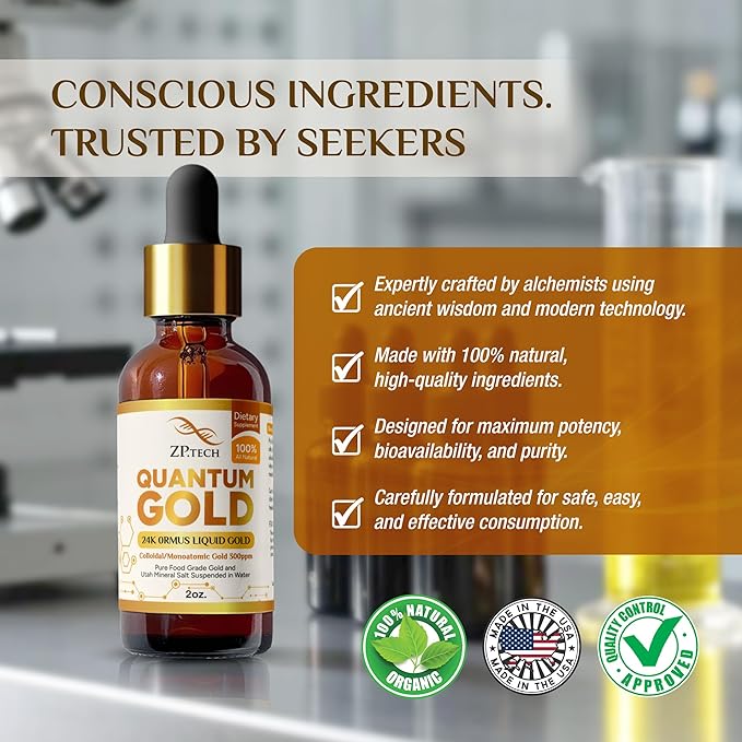 Quantum Gold Liquid Ormus Monoatomic Colloidal Gold &amp 24K Liquid Gold Supplement for Pineal Gland Activation Lucid Dreaming &amp Higher Energy Alignment (2oz)