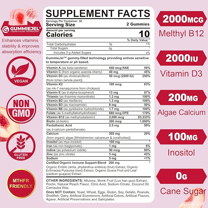 Methylated Multivitamin for Women Gummies Calcium D3 K2 Methylfolate &amp B12 Inositol Daily Vitamin A C E B Complex Biotin Zinc Iron -Energy Immune Bone Skin Hair - Vegan Sugar Free 6
