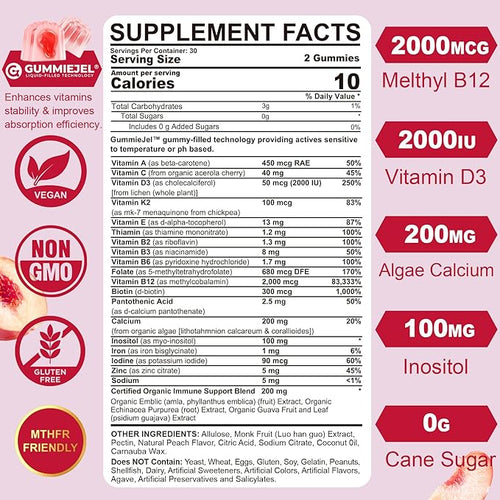 (2 Pack) Sugar Free Methylated Multivitamin for Women Gummies with Calcium D3 K2 Inositol Folate Biotin Iron Vitamin A C E B Complex - Multi Vitamins &amp Minerals - Energy Immune Bone - V