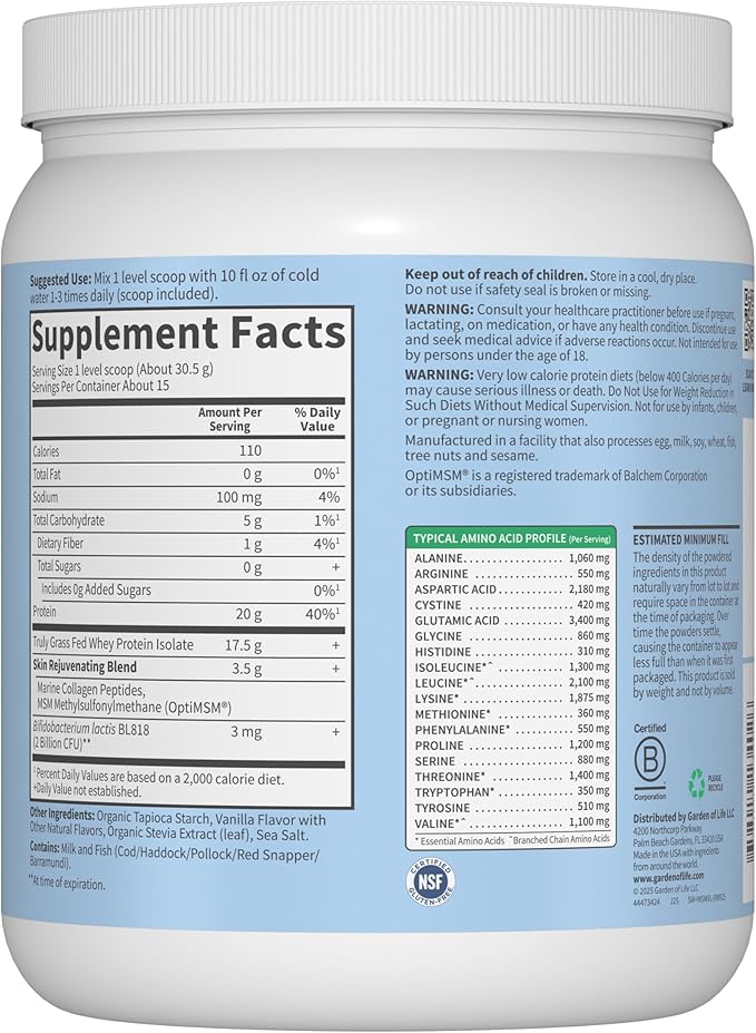 Garden of Life SPORT Whey Protein Powder Vanilla Flavor 20g Plus Marine Collagen Peptides &amp MSM for Women and Men Optimum Amino Energy Younger Healthier Looking Skin - Grass Fed About 15 Servi