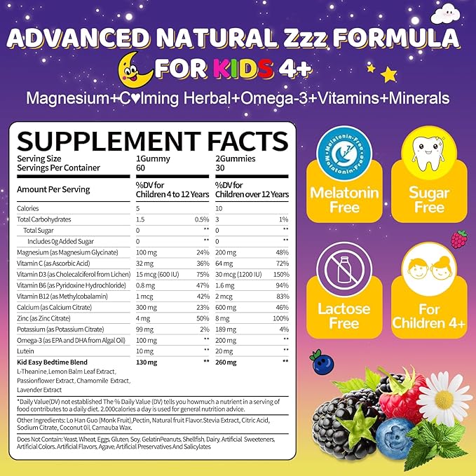 Magnesium Glycinate Gummies for Kids: Organic Chewable Supplement with Vitamins B12 B6 D3 Zinc L-Theanine Omega Calcium Citrate - Extra Strength Zzz Aid Focus Health Support for Kid(60Count)