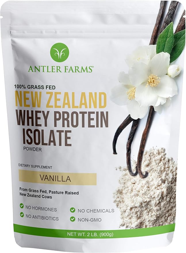 Antler Farms - 100% Grass Fed New Zealand Whey Protein Isolate Vanilla Flavor 2 lbs - Pure and Clean 4 Ingredients Delicious Cold Processed