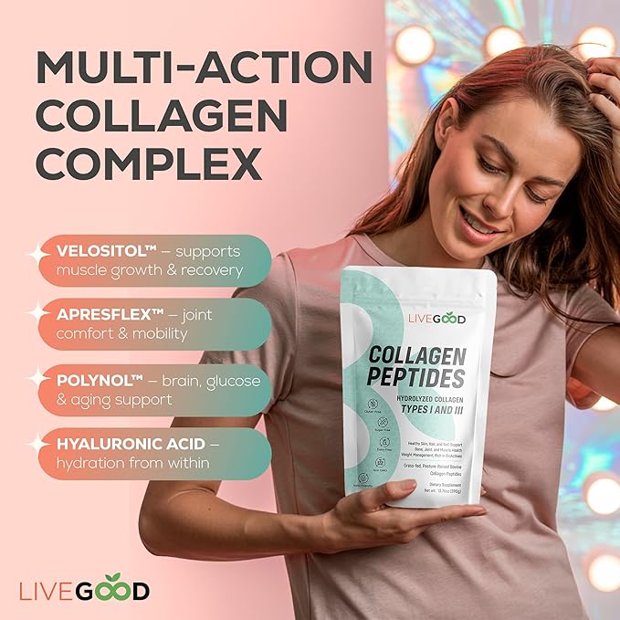 LIVEGOOD Collagen Peptides Powder Hydrolyzed Type I and III Collagen for Hair Skin Nails and Joints Unflavored Grass-Fed Collagen Supplement for Mobility and Recovery (30 Servings)