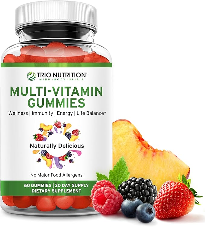 TRIO NUTRITION Daily Multivitamin Gummies for Men &amp Women - Natural Fruit Flavor with Essential Vitamins A B C D E &amp Zinc - No Major Allergens Immune Support &amp Energy Boost Supplement