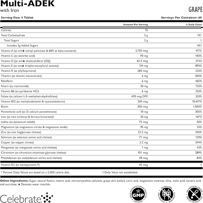 Celebrate Vitamins Multi ADEK Chewables 60mg Iron - Daily Bariatric Multivitamin Vitamins A D E K &amp B12 for Duodenal Switch Surgery Patients - Grape (60 Tablets)