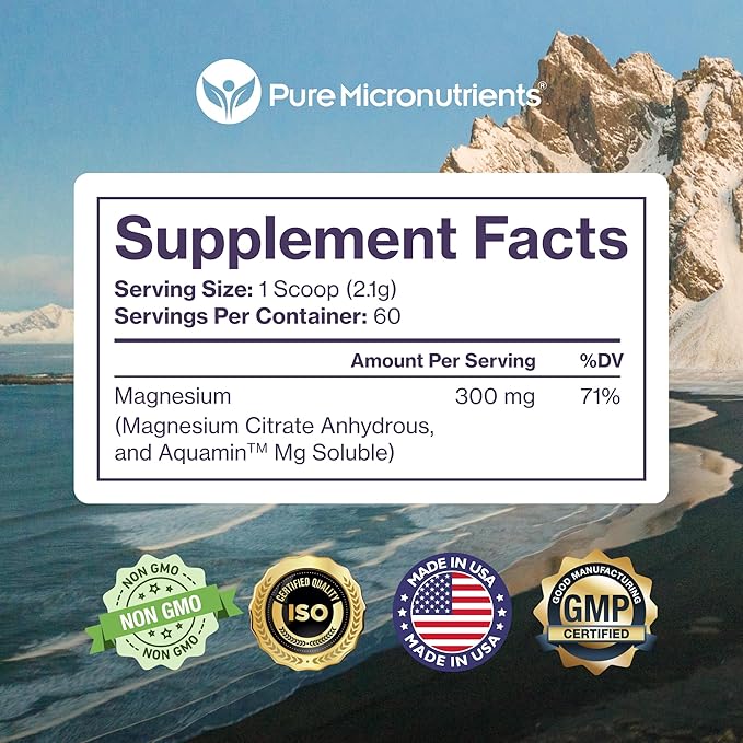 Pure Magnesium Citrate Powder to Support Sleep Muscle &amp Bone Health Energy Heart &amp Digestion. Unflavored Magnesium Powder Drink Mix Vegan 60 Servings