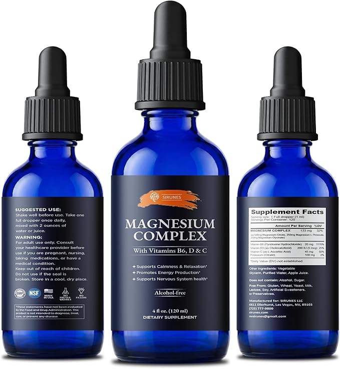 SIRUNES Magnesium Complex Liquid Drops – Magnesium Supplement with Vitamins B6 D3 &amp C – Calm &amp Relaxation Support Energy Production Nervous System Wellness – Alcohol-Free Liquid Magnesium –