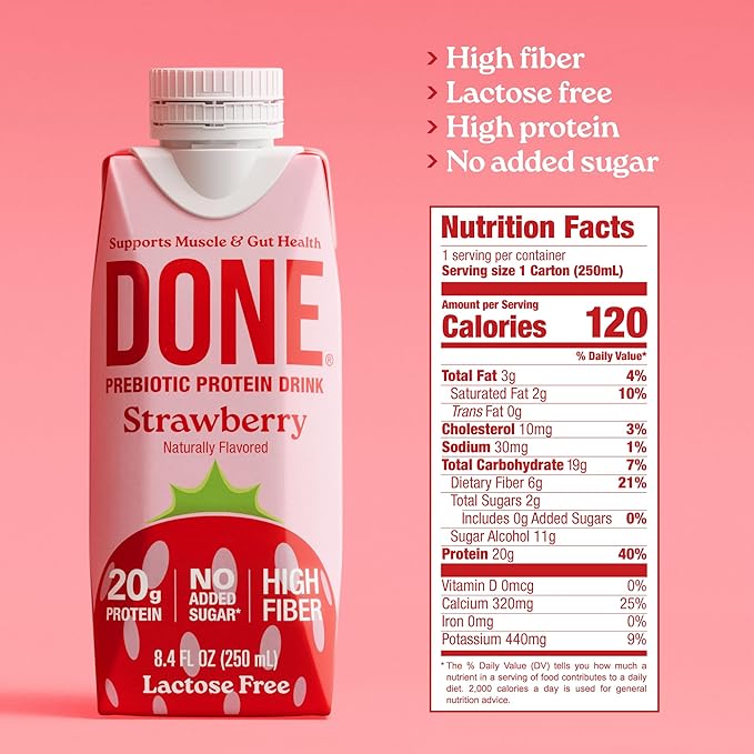 Done Prebiotic Protein Drink Strawberry 20G Whey Protein High Fiber Protein Shake With Prebiotics Gluten Free Lactose Free No Added Sugar Natural Flavor Non GMO 8.4 FL Oz Each 15 Pack