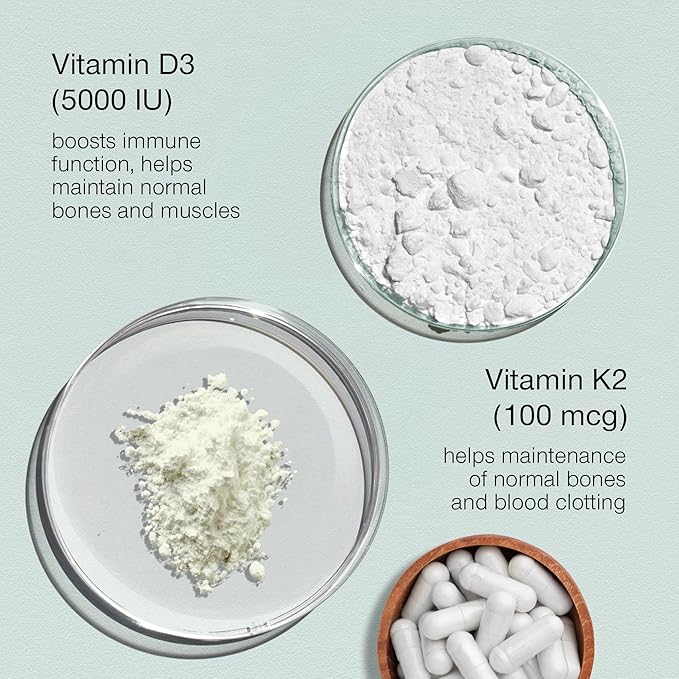 SuperSelf Vitamin D3 K2 Capsules - Vitamin D3 5000 IU and Vitamin K MK7 100mcg - 60 Capsules - USA Made Vegetarian Vitamin D Supplement - High Strength VIT D for Bones Muscle Teeth Immune System