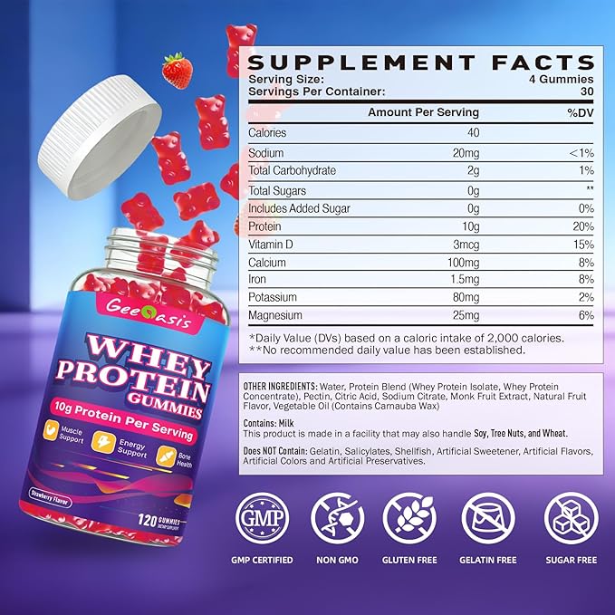 Whey Protein Gummies 10g Protein Chewables Supplements for Women &amp Men Muscle &amp Energy Support Bone Health Strawberry Flavor 120 Count