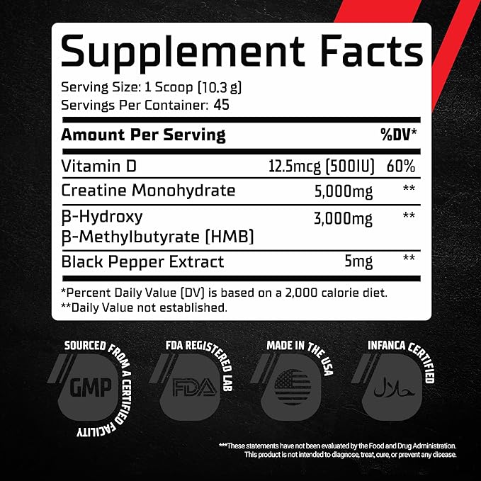 GMU SPORT - Creatine Monohydrate with HMB Powder - 45 Servings Creatine HMB Supplements Creatine with HMB for Increased Strength Muscle Growth &amp Enhanced Energy 3G HMB/Fruit Punch