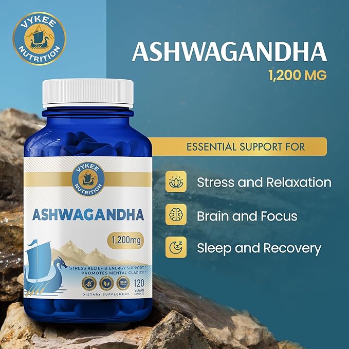 Vykee Nutrition Ashwagandha Capsules - 1200 High Potency Herbal Supplement with Piperine for Stress Focus and Sleep Support - Vegan Non-GMO Gluten-Free - 120 Count