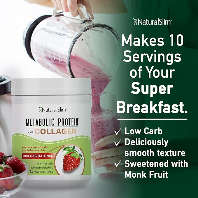 NaturalSlim Metabolic Protein Powder with Collagen whey protein powder shake Hydrolyzed Collagen with L-Glutamine for Metabolic Support Digestion Skin Joints &amp Muscle Low Carb 17.06oz Strawb
