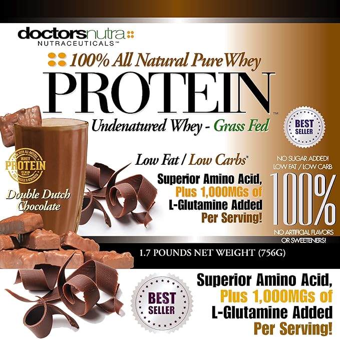 Pure 100 Percent - Undenatured Grass Fed Whey Protein Low Carb Low Fat Double Dutch Chocolate Flavor Natural Ultrafiltered Plus 1000 Milligrams L-Glutamine