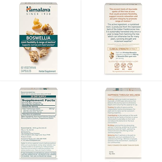 Himalaya Boswellia Joint Support for Mobility and Flexibility Promotes Tissue Preservation 250 mg 60 Capsules 1 Month Supply 2 Pack