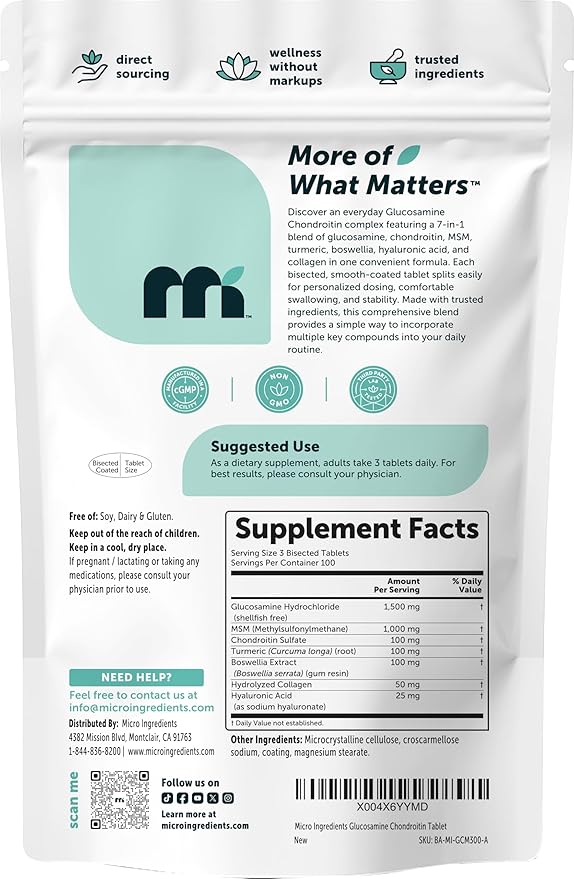 Micro Ingredients Glucosamine Chondroitin MSM and Turmeric Supplement 300 Bisected Tablets | 1500 mg Glucosamine Per Serving | 7-in-1 with Boswellia Hyaluronic Acid &amp Collagen Complex