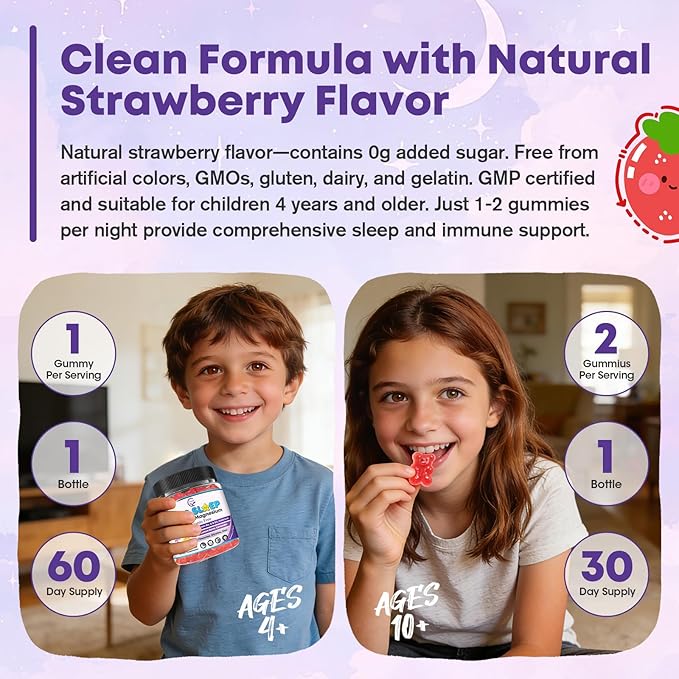 Kids Sleep Gummies Magnesium Glycinate 100/200 mg + 200/400 mg Calcium Citrate for Kids 4+ w/L-Theanine B6 Zinc D3K2 &amp GABA Lemon Balm Chamomile Extract for Zzz &amp Relax Bone Muscle -1