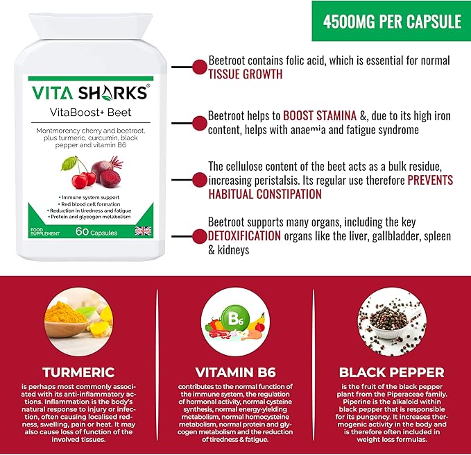 VitaBoost+ Beet Complete: 60 Vegan Capsules | Immune Support Blend with Montmorency Cherry Beetroot Turmeric Curcumin Black Pepper Vitamin B6 &amp More