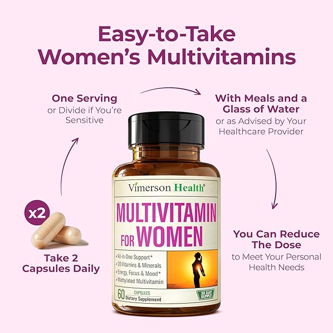Multivitamin for Women with Methylated Vitamins and Chelated Minerals for Energy Focus and Immune Health – Premium Daily Womens Multivitamins &amp Multiminerals – 60 Capsules