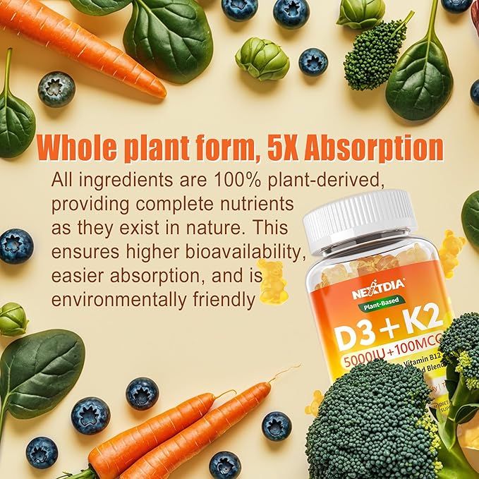 Vitamin D3 K2 Gummies 5000IU / 10000 IU with Omega-3 250mg + K2(MK-7) 100mcg - 5X Absorption Than Standard D3K2with Vitamin C Zincand 5 Organic VegetablesSupports Bone &amp Teeth Strength Immun