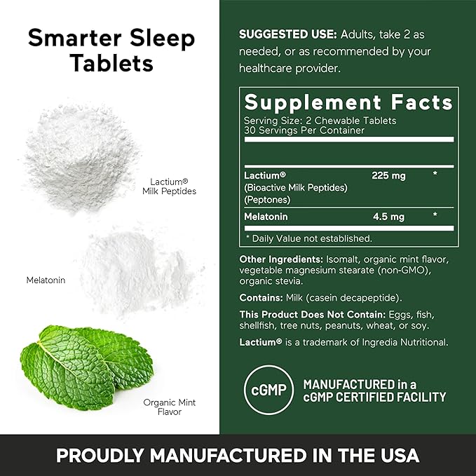 SMARTERNUTRITION Smarter Sleep Melatonin Dissolvable Tablets 4.5 mg + Natural Clinically Proven Lactium® for Sleep &amp Stress Support - Mint Flavor Melatonin Tablets - Non-GMO-60 Count[30-Day Supply