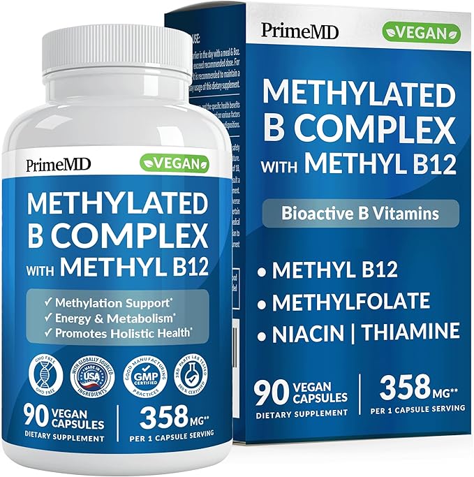 Methylated B Complex with Methylfolate and B12 Methylcobalamin 1000 mcg - Methylated Multivitamin for Energy Brain Function and Wellness - Vitamin B Complex for Men &amp Women (90 Servings) (Pack o