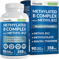 Methylated B Complex with Methylfolate and B12 Methylcobalamin 1000 mcg - Methylated Multivitamin for Energy Brain Function and Wellness - Vitamin B Complex for Men &amp Women (90 Servings) (Pack o