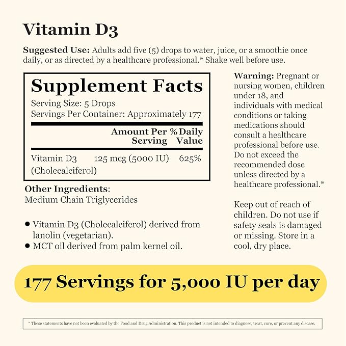 Liquid Vitamin D3 Drops 5000 IU – Fast Absorption – Vegetarian Non-GMO Kosher – Unflavored – 1 Ounce