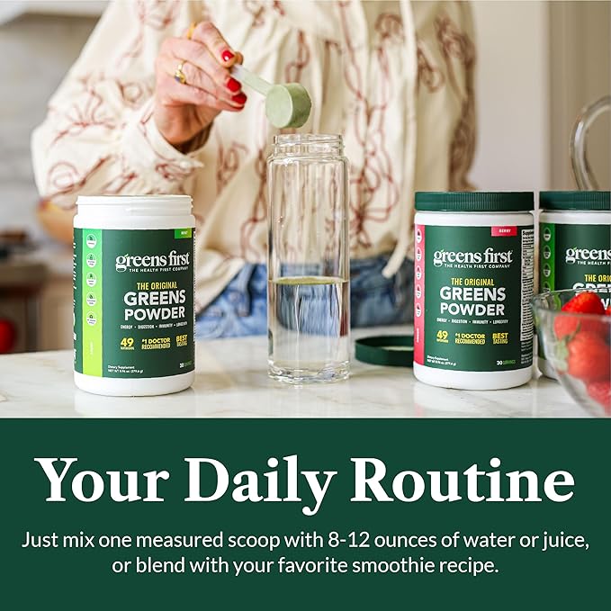Greens First Original Greens Powder - 49 Superfoods - Organic Fruits &amp Veggies - Prebiotics Probiotics &amp Digestive Enzymes - Antioxidant Smoothie - Dairy Free/Vegan/Non-GMO (Peach Mango 30 S