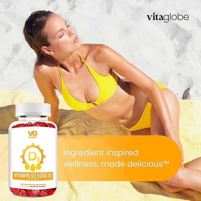 VITA GLOBE Vitamin D3 5000 IU (250 mcg) with Zinc and Echinacea Gummy Extra Strength Vitamin D Supplement for Bone and Immune Health Support 120 Count (Pack of 2)