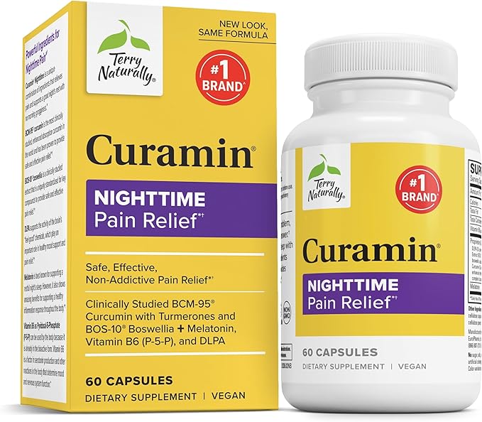Terry Naturally Curamin Nighttime - Curcumin &amp DLPA Capsule Supplement - Non-GMO Supplement to Support Healthy Sleep &amp Relaxation - Herbal Supplement with Melatonin - 60 Capsules