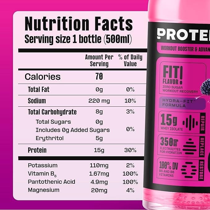 Protein2o Hydration Drink - 2-in-1 Liquid Clear Whey Protein Isolate and Electrolyte Drink - 15g Protein Vitamins B5 B6 - Post-Workout Recovery - 16.9 Fl Oz - 12 Count Dragon fruit Blackberry