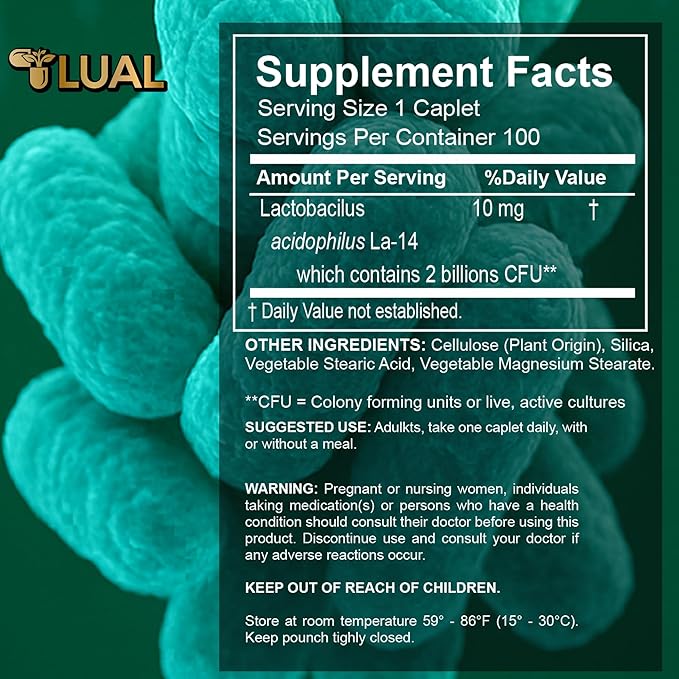 LUAL Acidophilus Probiotics for Women &amp Men – 2 Billion CFU per Caplet. Supports Digestive &amp Immune Health. Gluten-Free Non-GMO – 100 Caplets – 100 Days Supply – 1 Per Day