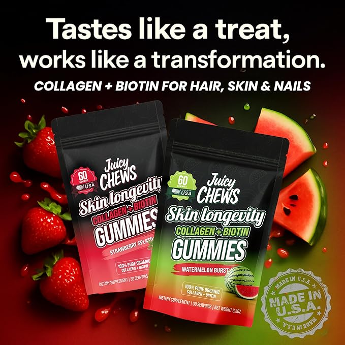 Biotin and Collagen Gummies | Low Sugar Non-GMO Collagen Gummies for Men and Women | All Natural Flavors | 60 Gummies | 30 Servings | Strawberry Flavor