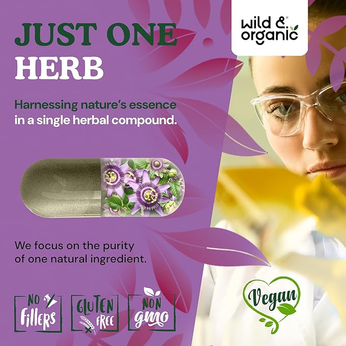 Wild &amp Organic Passion Flower Capsules 600 mg - Calming &amp Mood Support - Passionflower Extract Supplement - Passiflora Incarnata Herb - Vegan No Fillers Non-GMO - 180 Count
