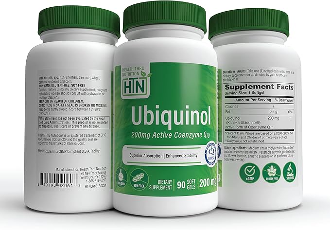 Health Thru Nutrition Ubiquinol 200mg 90 Softgels as Kaneka QH Reduced CoQ-10 | Stabilized - 3rd Party Tested | Enhanced Bioavailability | Cardiovascular &amp Mitochondria Function Support | Non-GMO