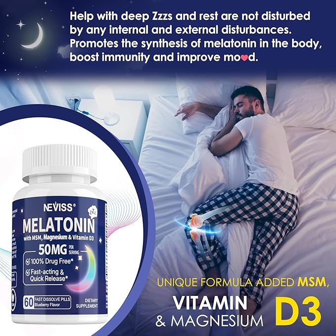 NEVISS Melatonin 50 mg for Adults - Extra Strength 9-in-1 Fast Dissolve Sublingual - High Dose with Magnesium Glycinate Vitamin D3 Ashwagandha Lemon Balm Chamomile Sugar Free Vegan60 Tablets