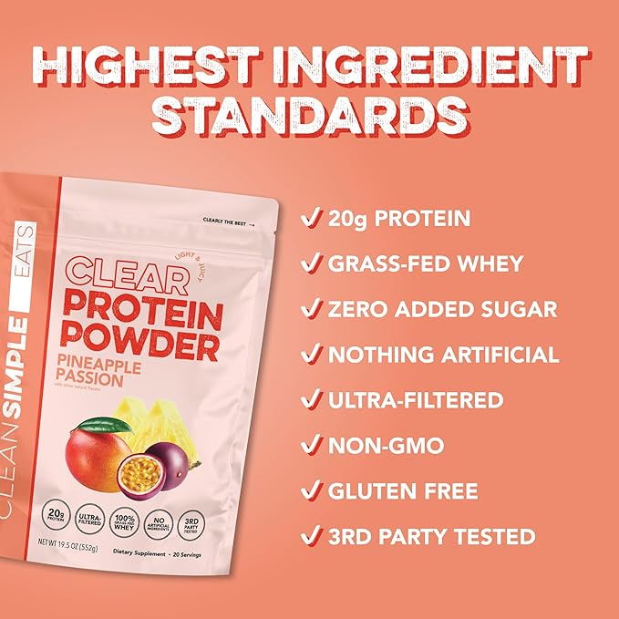Clean Simple Eats Clear Protein Drinks 20G Grass Fed Whey Protein Isolate Ultra Filtered Light &amp Refreshing Beverage Low Lactose No Artificial Ingredients Pineapple Passion 20 Servings