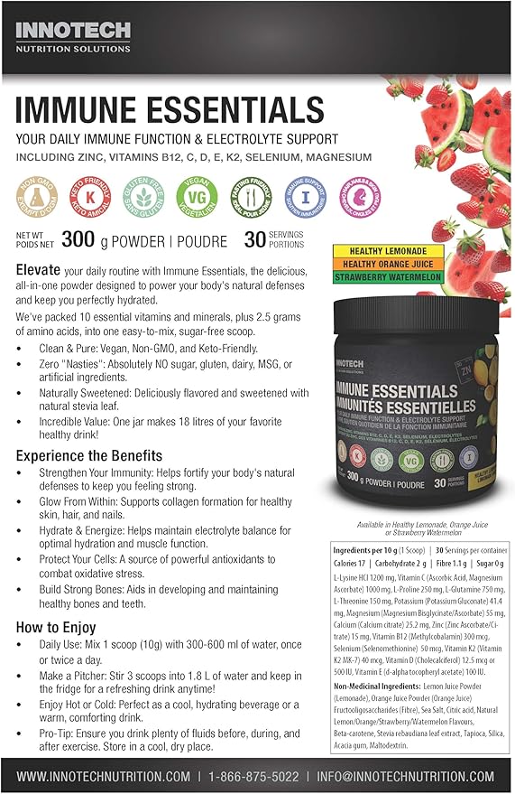 Innotech Nutrition Immune Essentials Immune Support &amp Hydration Zinc Vitamin D3 &amp Vitamin C Healthy Lemonade 300g