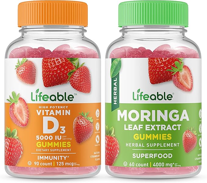 Lifeable Vitamin D 5000 IU + Moringa Leaf Gummies Bundle - Great Tasting Vitamin Supplement Gluten Free GMO Free Chewable Gummy