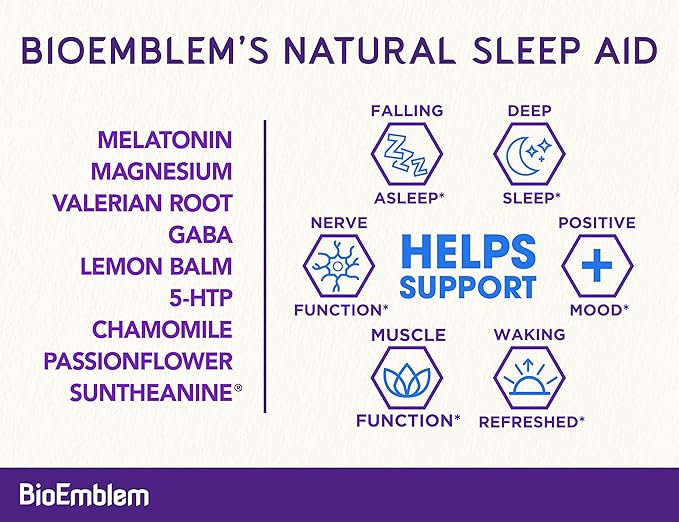 BioEmblem Natural Sleep Aid for Adults with Melatonin Valerian Root Suntheanine &amp More | Healthy Sleep Supplement | Herbal Sleeping Pills | 60 Capsules 2 Pack