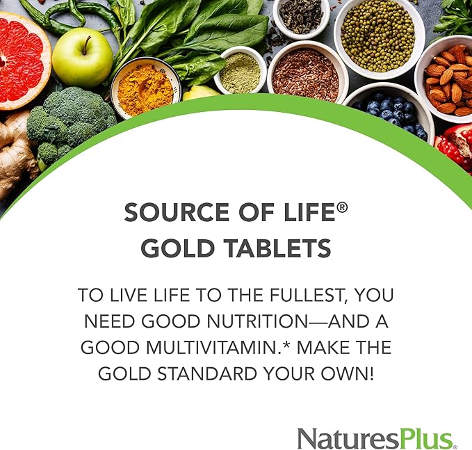 NaturesPlus Source of Life GOLD Multivitamin - 90 Tablets - With Vitamins D3 B12 &amp K2 - Blood Bone &amp Immune Support - Vegetarian &amp Gluten Free - 30 Servings