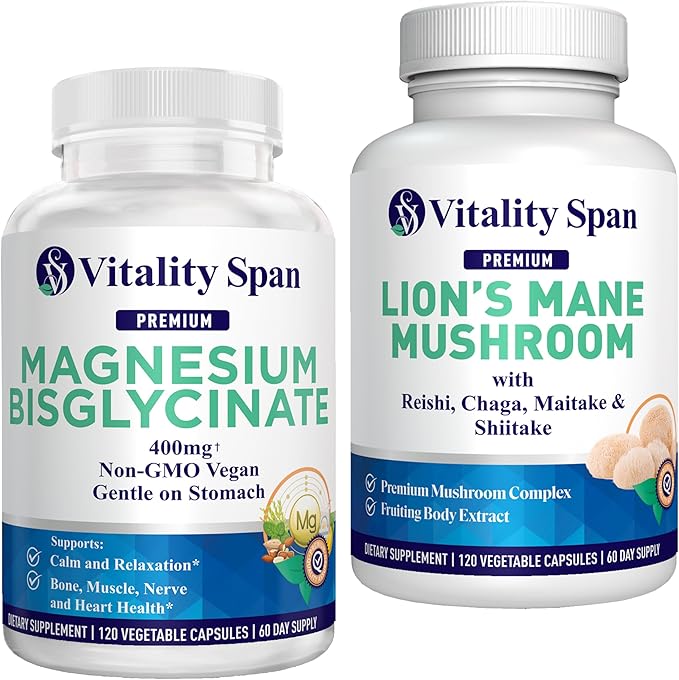 Magnesium Bisglycinate 400mg + Lion’s Mane 4:1 Extract Complex Bundle – Calm &amp Relaxation + Focus &amp Clarity – 120 + 120 Veg Capsules Made in USA