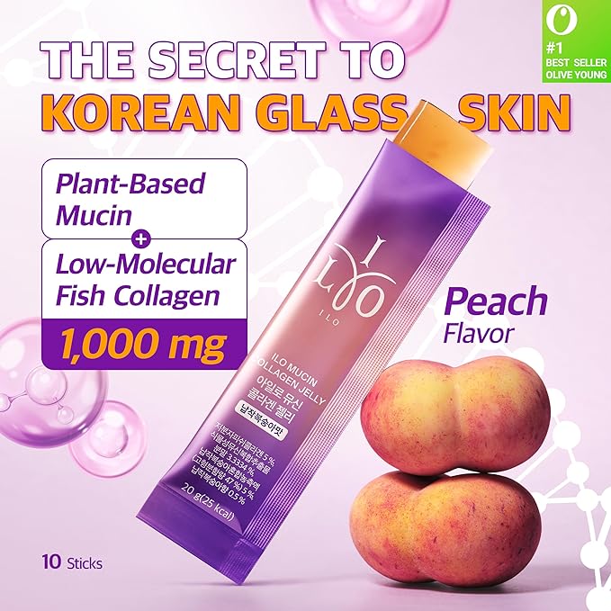 ILO Mucin Collagen Jelly Stick – 300 Dalton Ultra-Absorption Plant-Based Mucin &amp Low-Molecular Fish Collagen for Radiant Glow – Korean Skin Glow Booster Donut Peach Flavor 10 Sticks