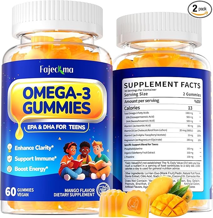 Omega-3 1000MG Gummies for Teen: Vegan Alternative to Fish Oil Omega 3 Supplements with Algae Omega 3 EPA DHA Vitamin D3 C Magnesium Elderberry - Teen Vitamins Omega3 Supplement(120Count)